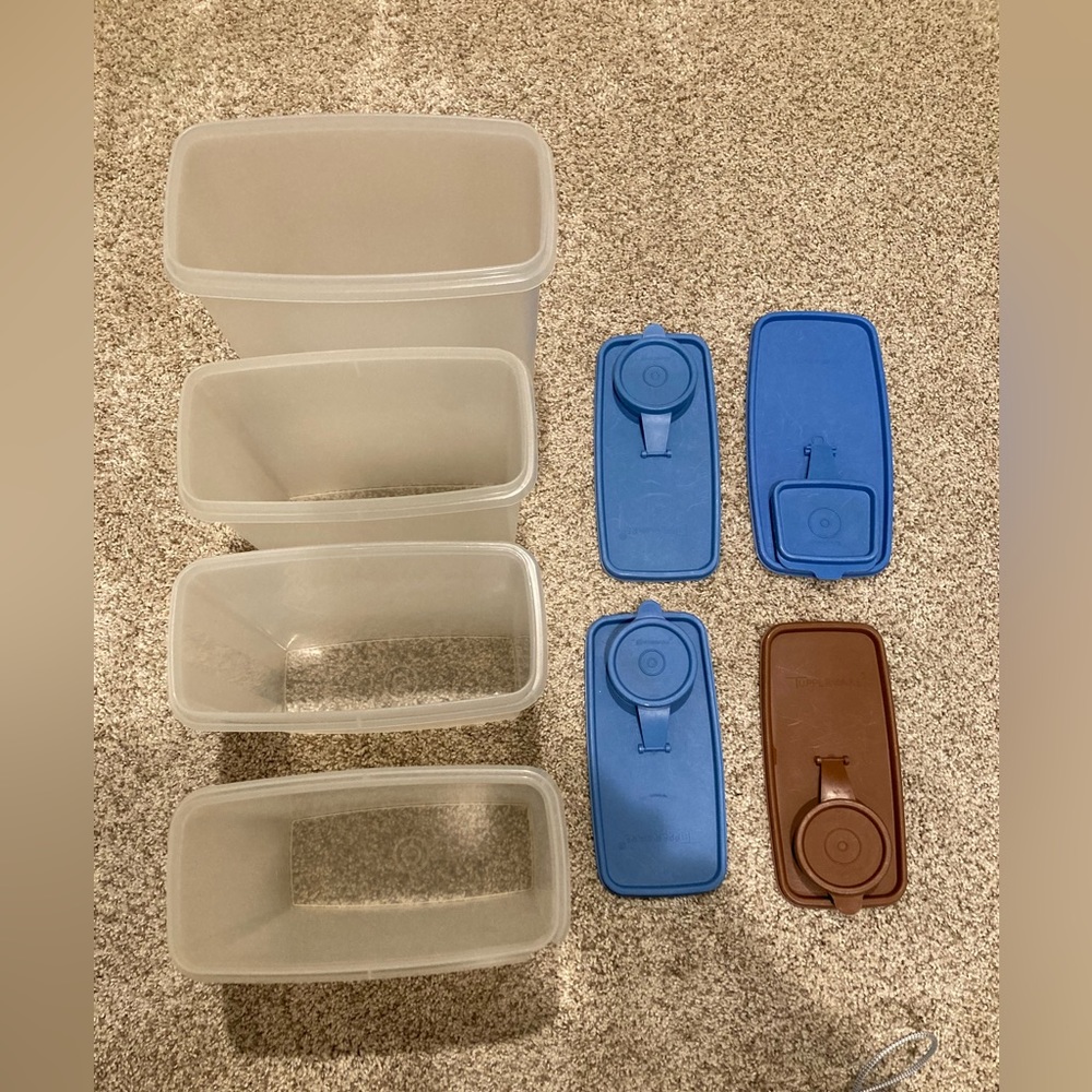 Set of 4 Tupperware brown blue rectangle container modular pour n seal cereal